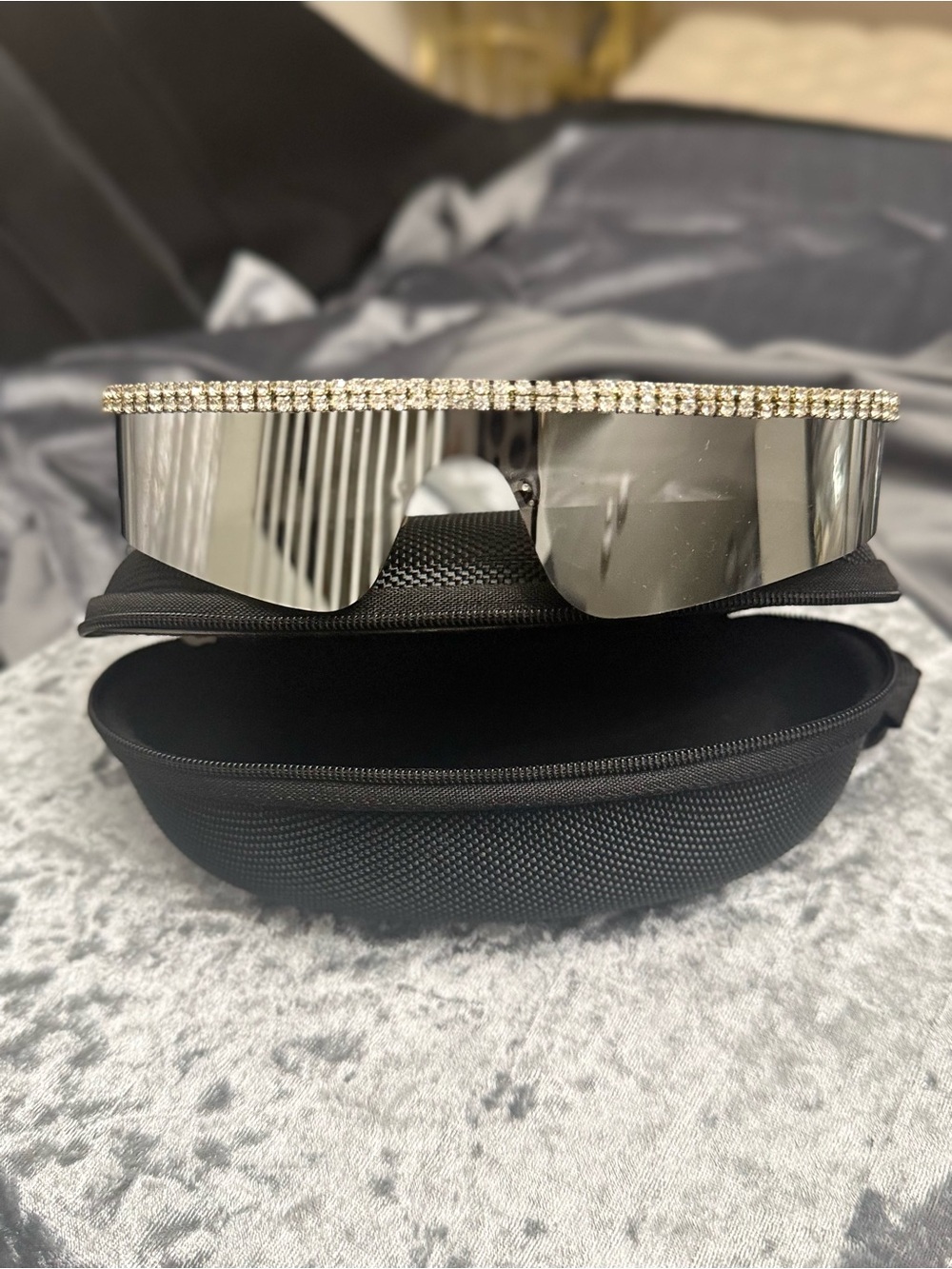 Rhinestone Trim Mirrored Visor Sunglasses - Silver Mirror